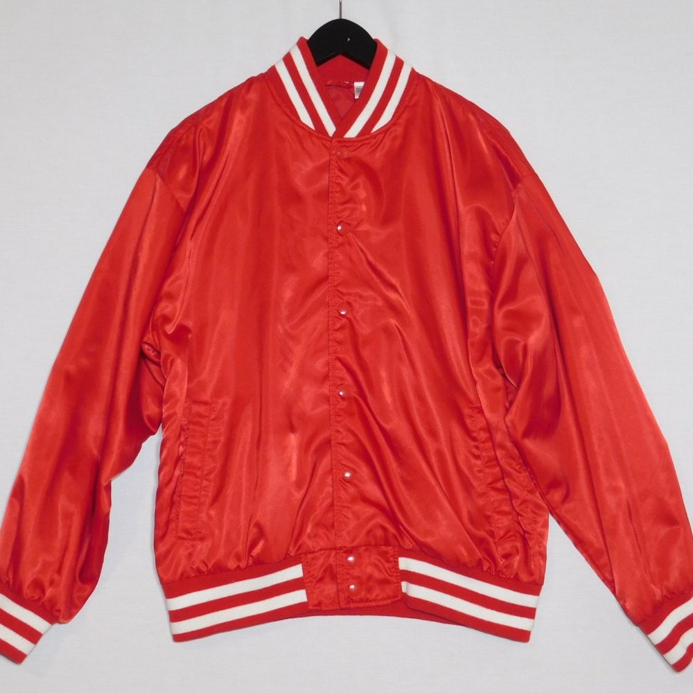 Vintage Original 1980s Red and White Satin Nylon Dugout Baseball Jacket Mens L